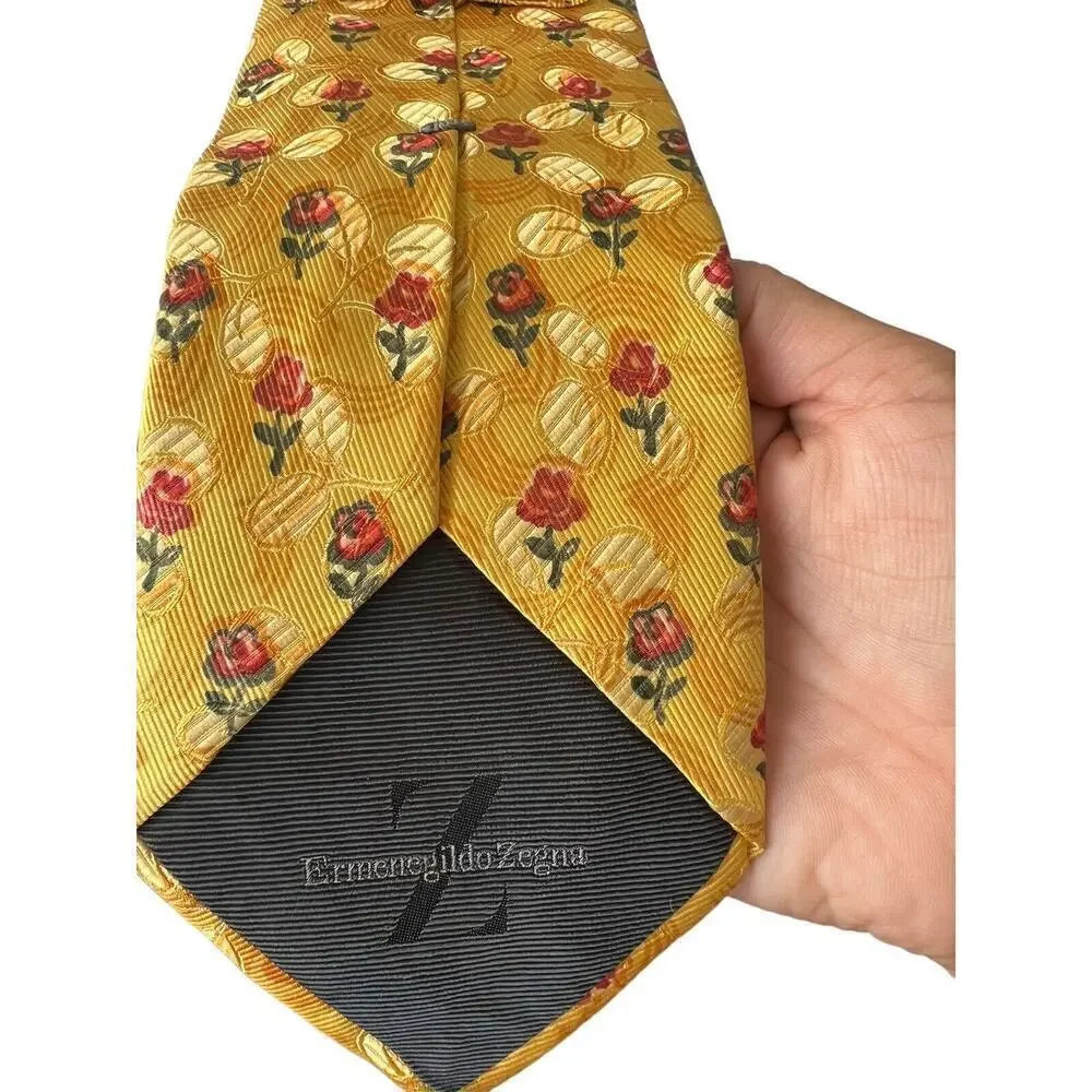 Ermengildo Zegna Mens Yellow Floral Geometric Silk Tie